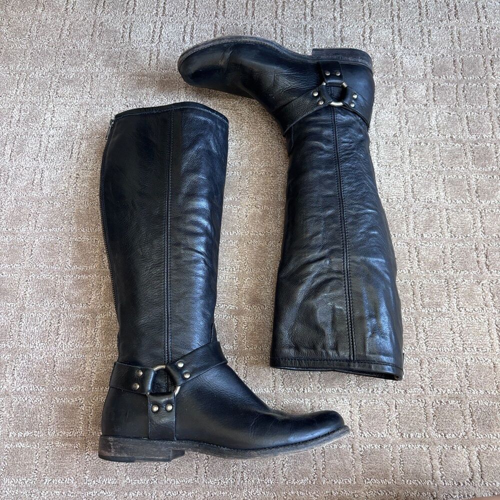 Frye Phillip Knee High Harness Boots Womens 9B Black Leather Zip Back Moto Biker